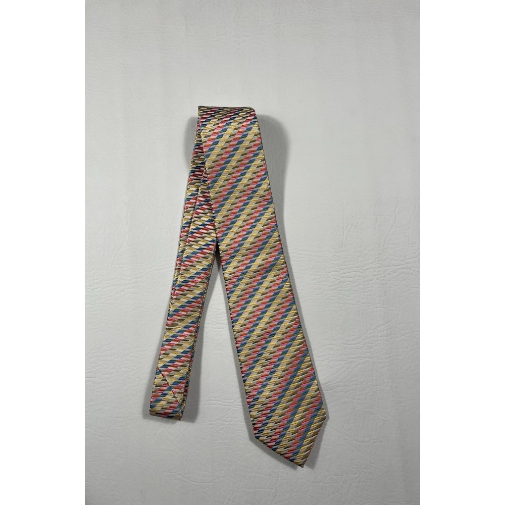Charles Tyrwhitt Tie Mens Pink Blue Yellow Striped Skinny Tie Silk
